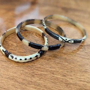 VINTAGE Painted Bangle Set of 3 Retro Boho Handmade Tribal Statement Jewelry
